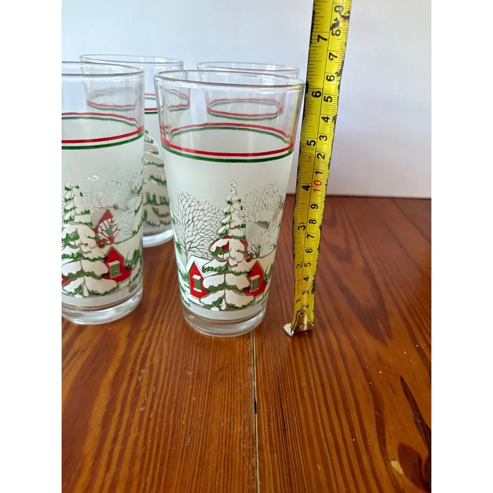 Set of 6 Vintage KIG Indonesia Christmas Tumblers‎ Glasses Frosted Winter Scene